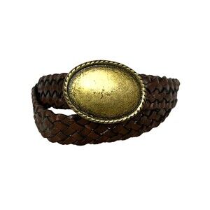 Linea Pelle Woven Brown Leather Belt  Women's XL   Antique Brass Colored Buckle